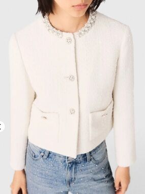 Maje Cream Bouclé Cropped Jacket with Pearl-Embellished Collar